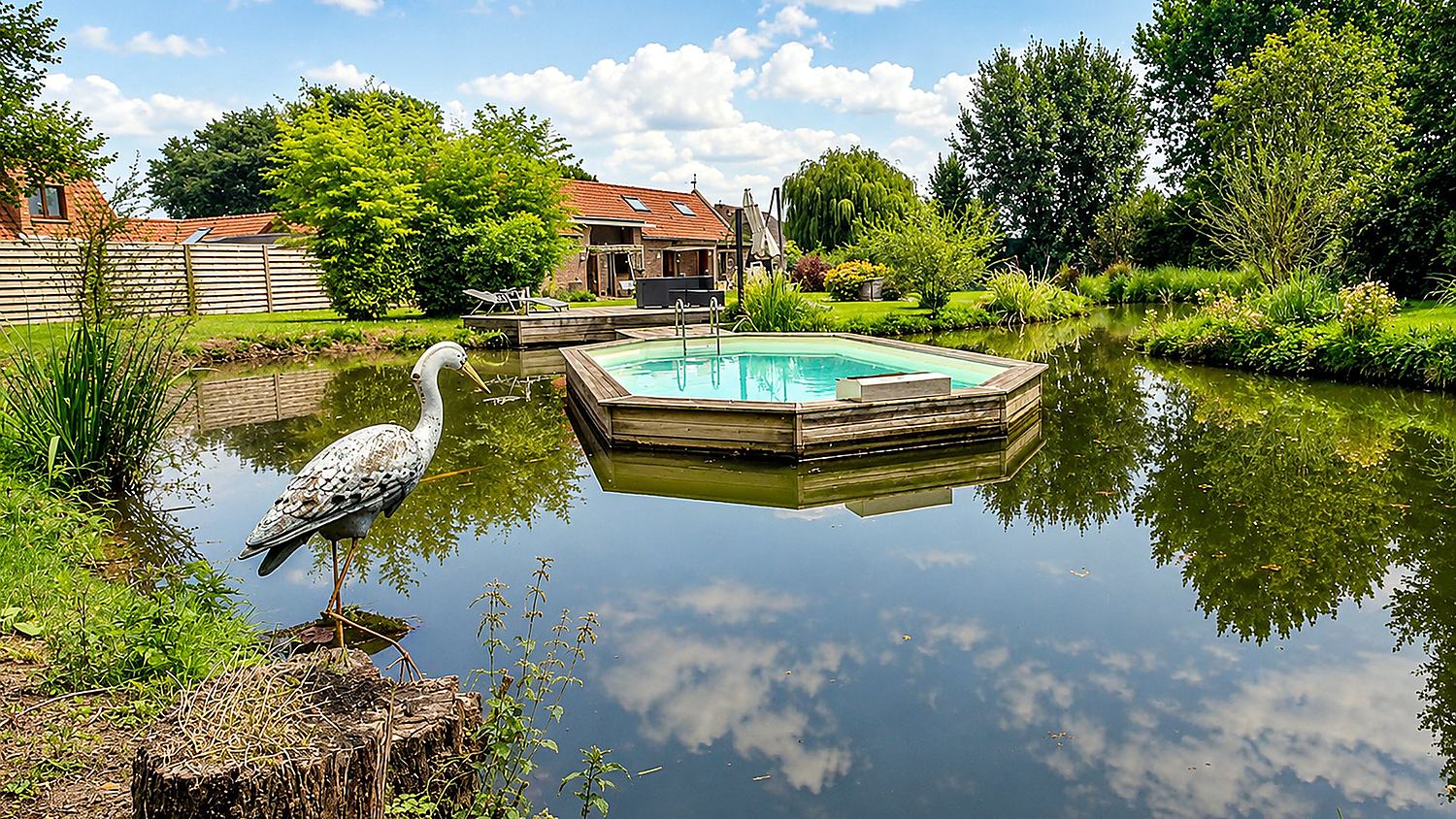 Piscine en bois posée sur l'étang paysager du gîte à Fournes-en-Weppes