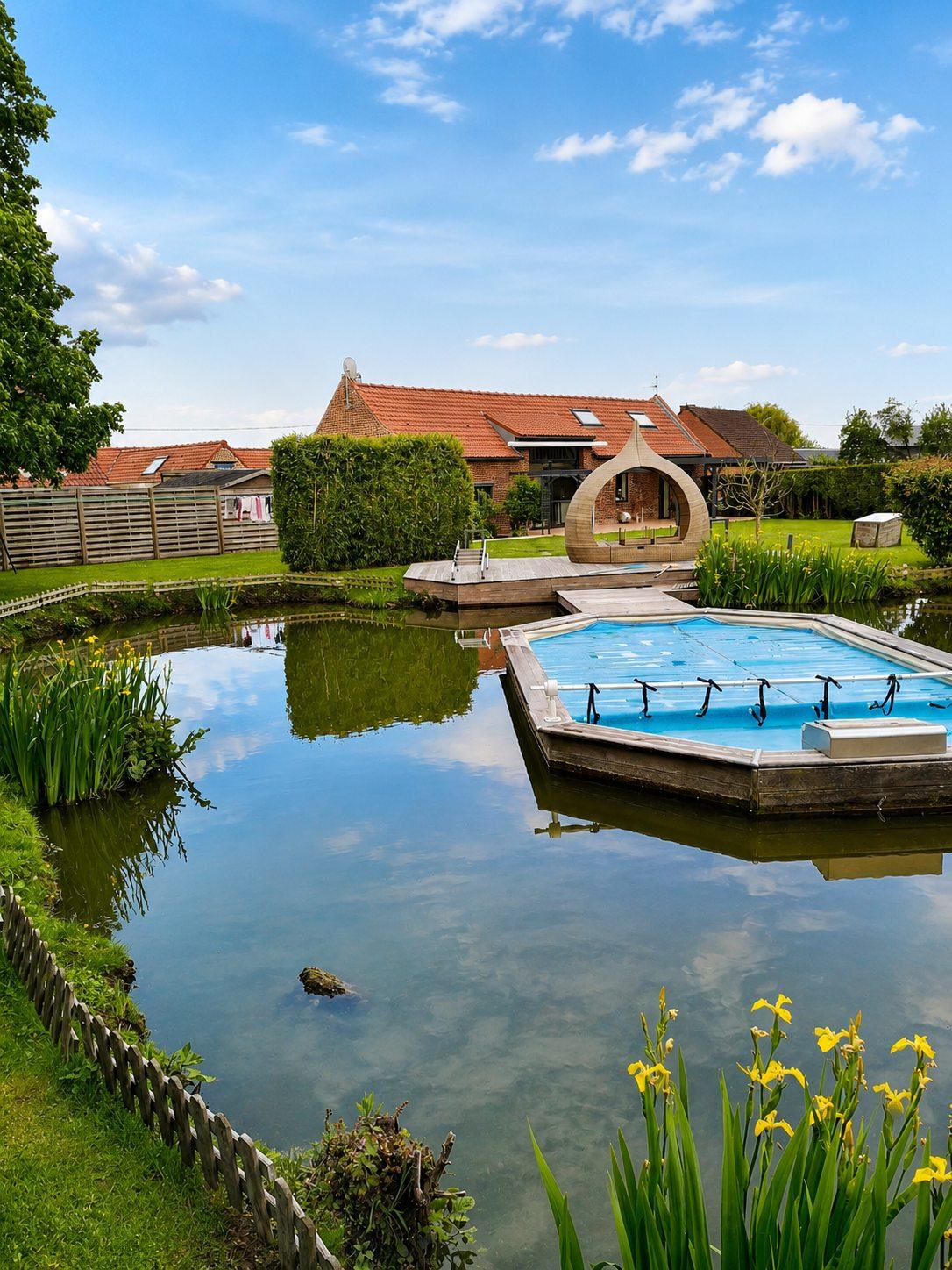 La piscine en bois posée sur l'étang, vue du jardin